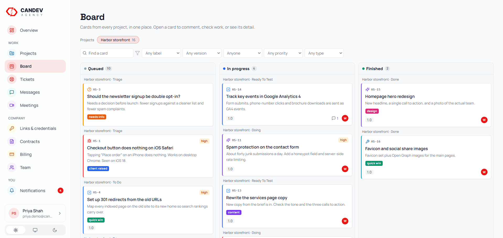 The CanDev client portal Board, showing project cards in Queued, In progress and Finished columns