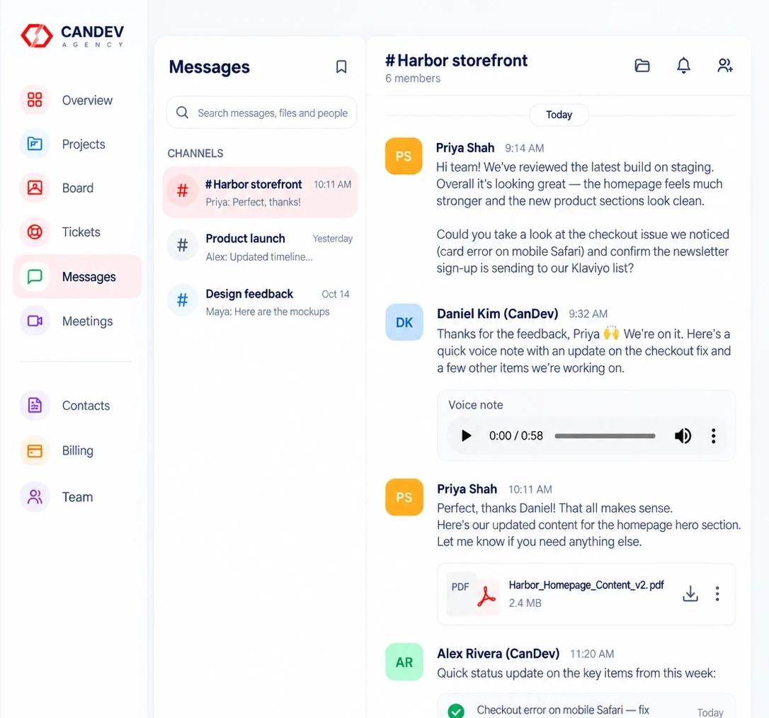 The CanDev client portal Messages view, with a project channel showing client and team messages, a voice note, a shared PDF and a status checklist
